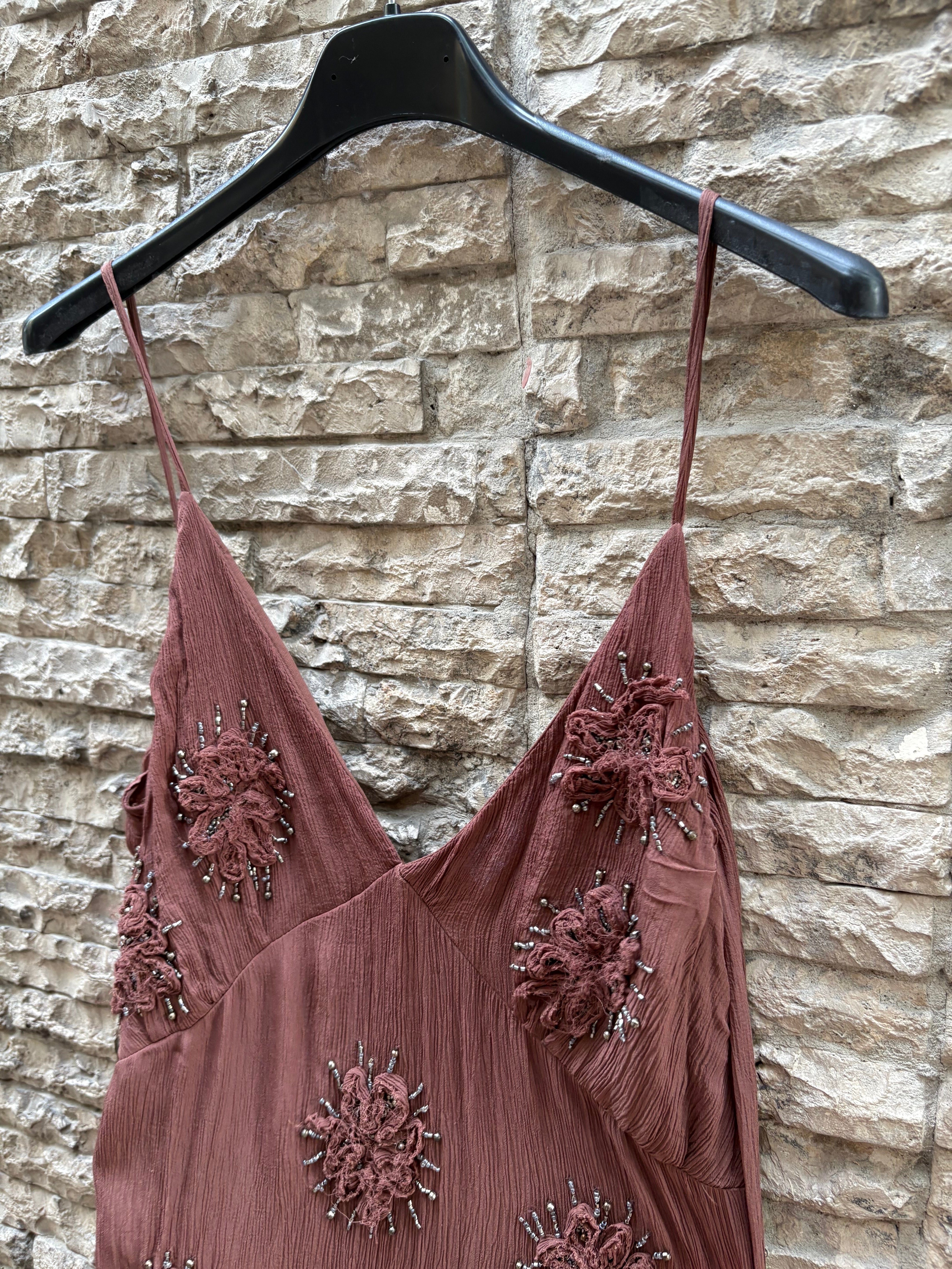 zara brown beaded dress Zara Beaded Linen midi Dress