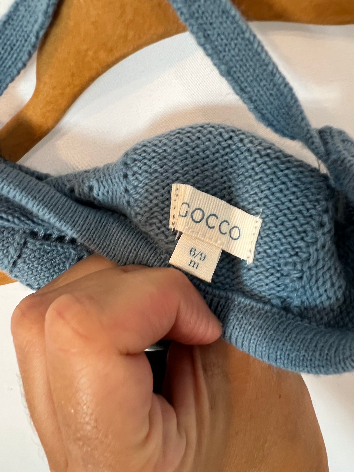 GOCCO. Blue knit romper set. Size 6-9 months