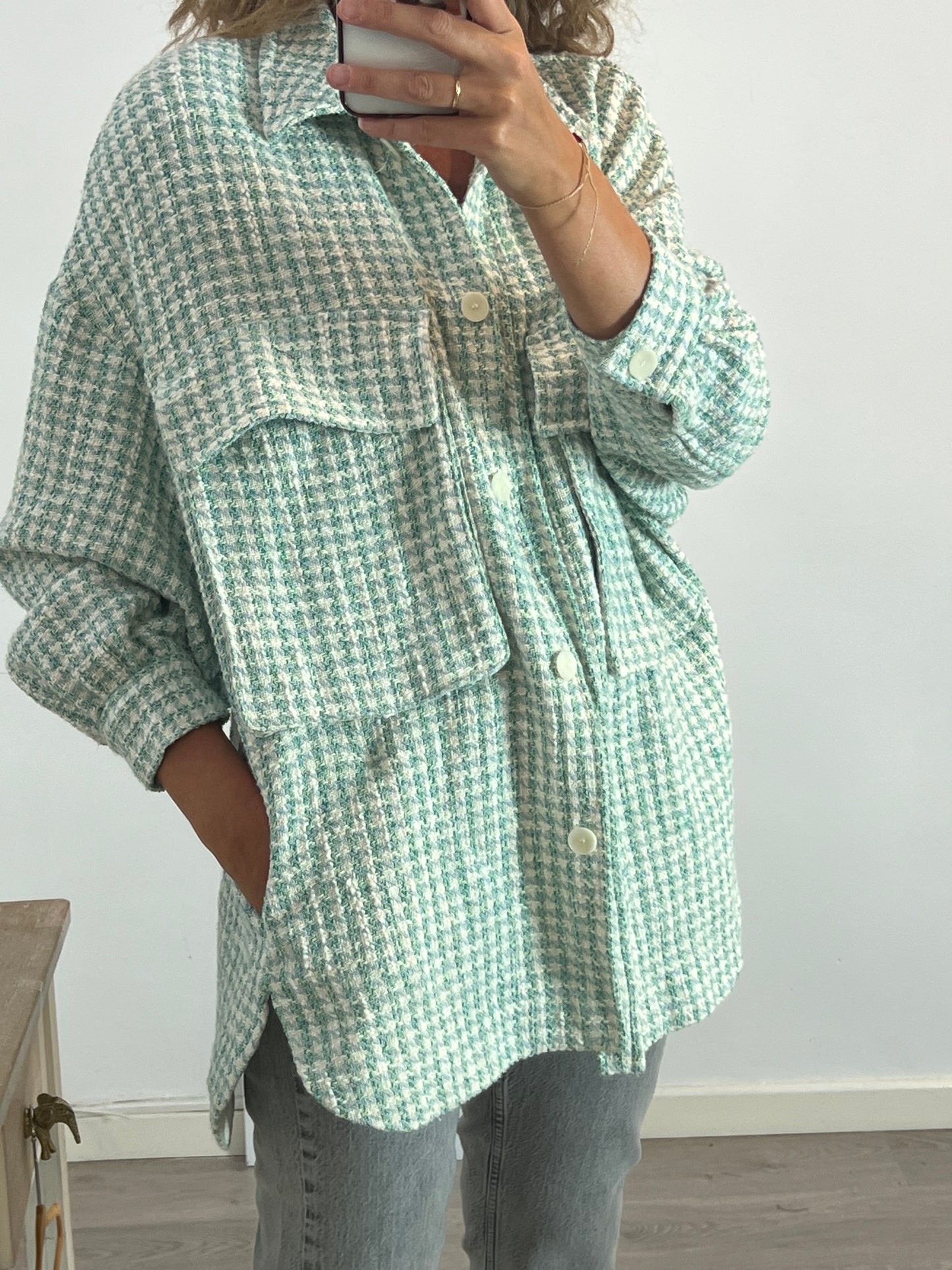 ZARA. Chaqueta larga tweed verde. T XS/S