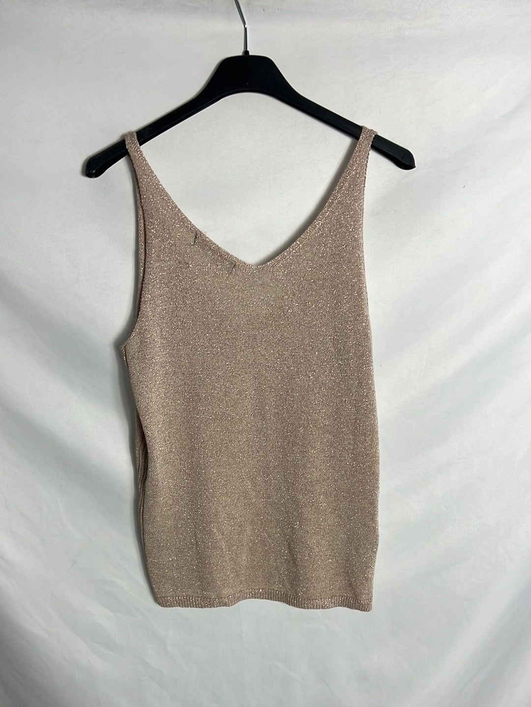 MANGO. Top rosa palo hilos metalizados. T S