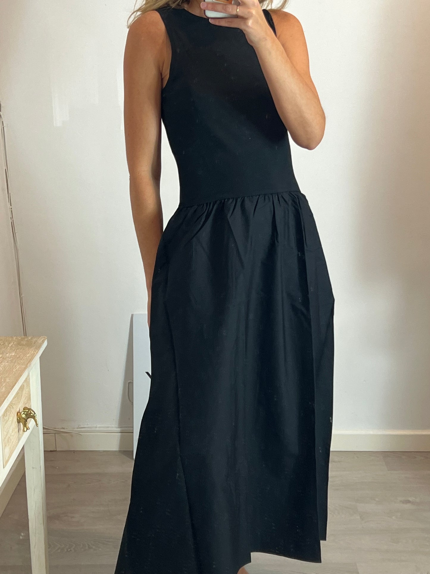 MANGO. Vestido largo negro doble textura T.l