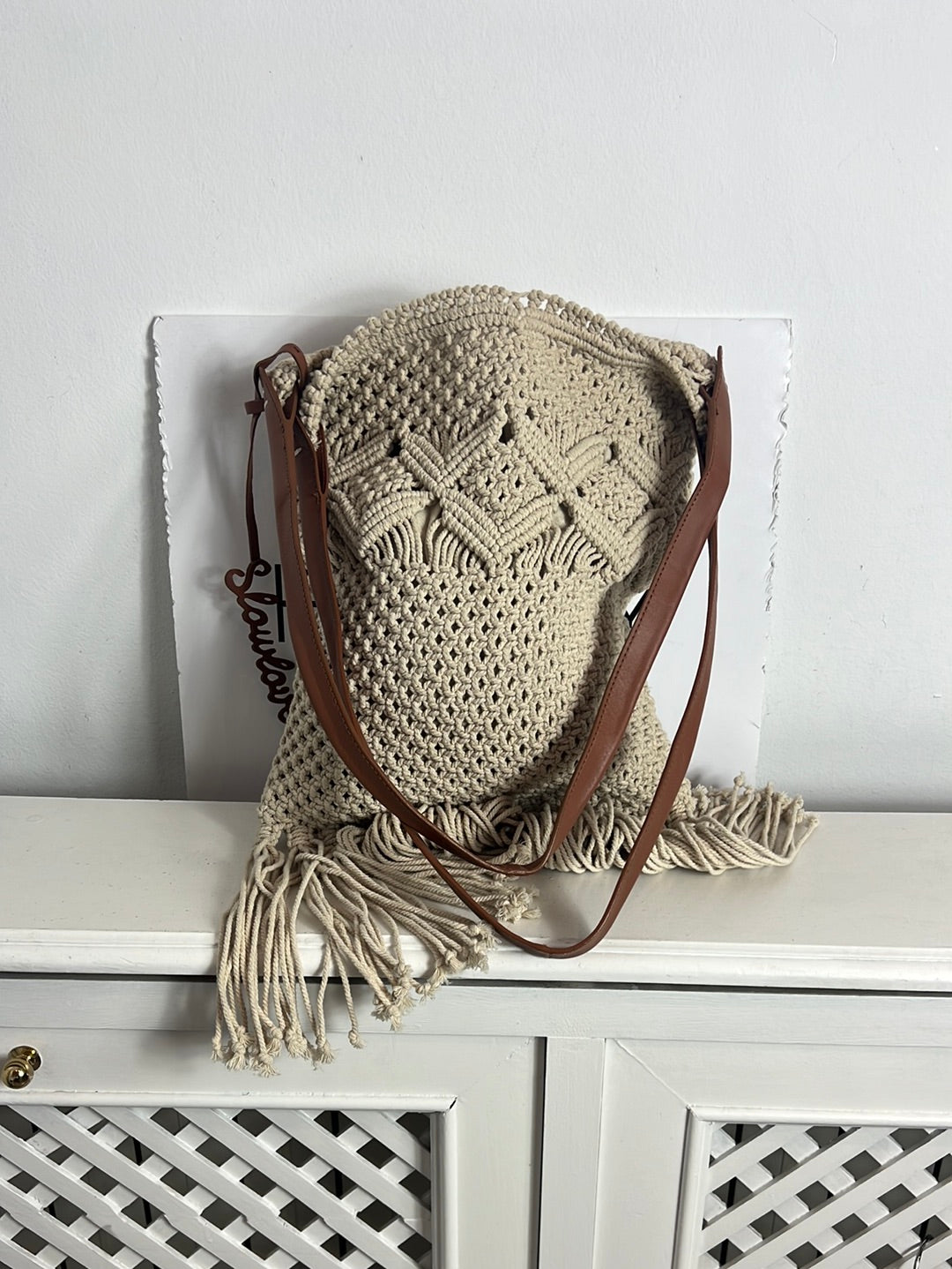 SLOWLOVE. Beige braided bag with fringes