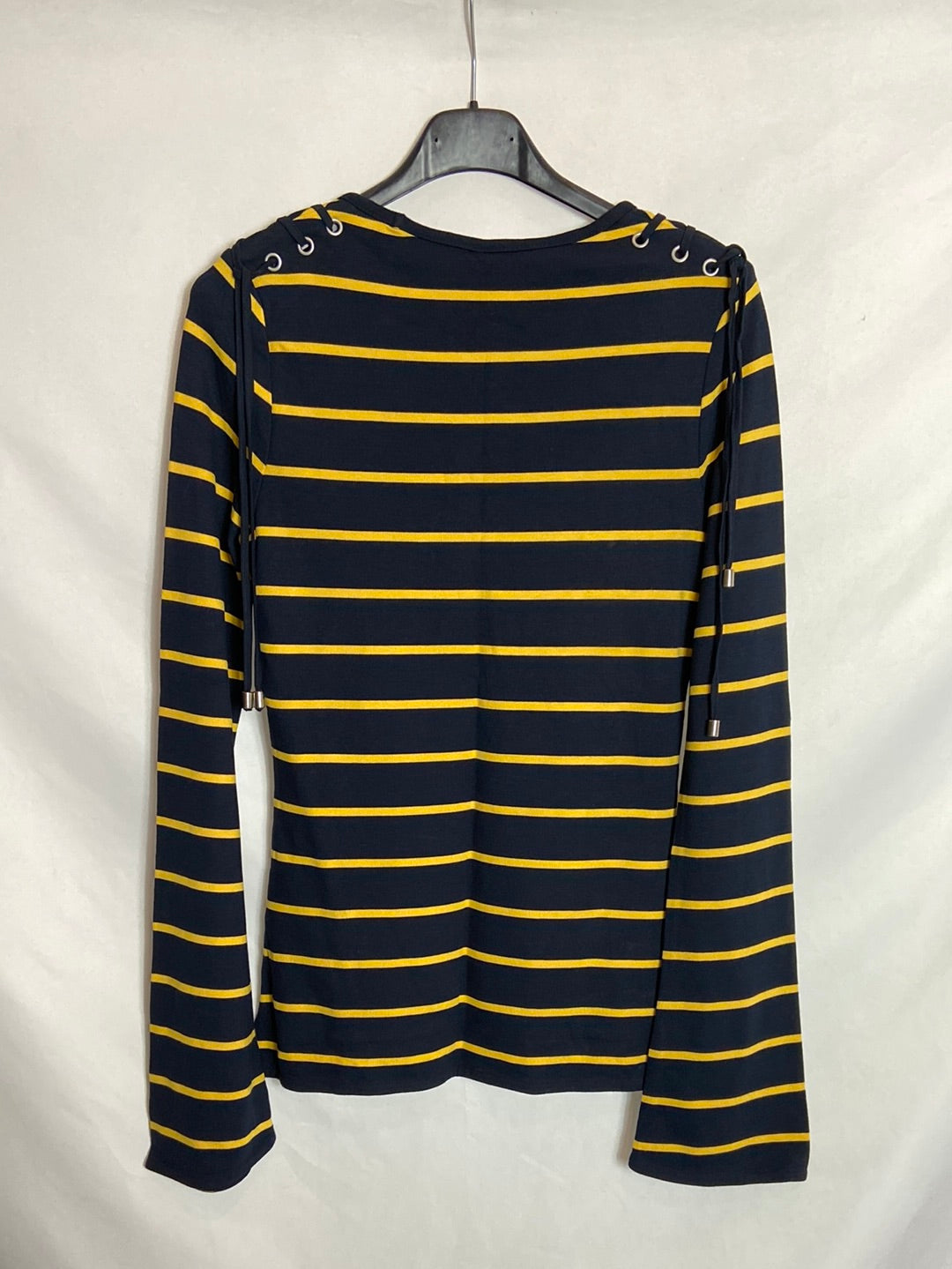 KAREN MILLEN. Camiseta azul rayas amarillas T.38