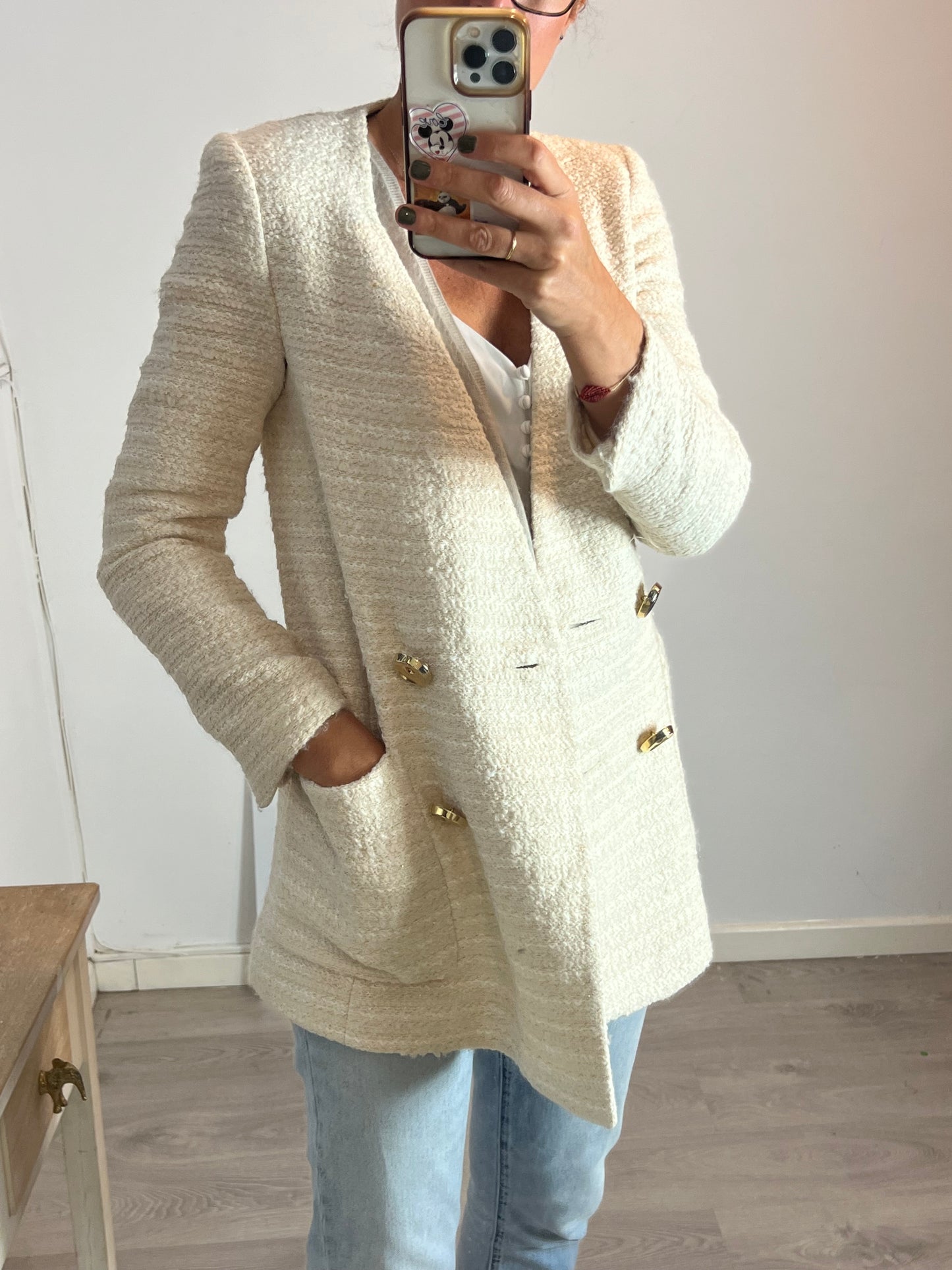 ZARA. Chaqueta larga tweed hilos brillo. TXS