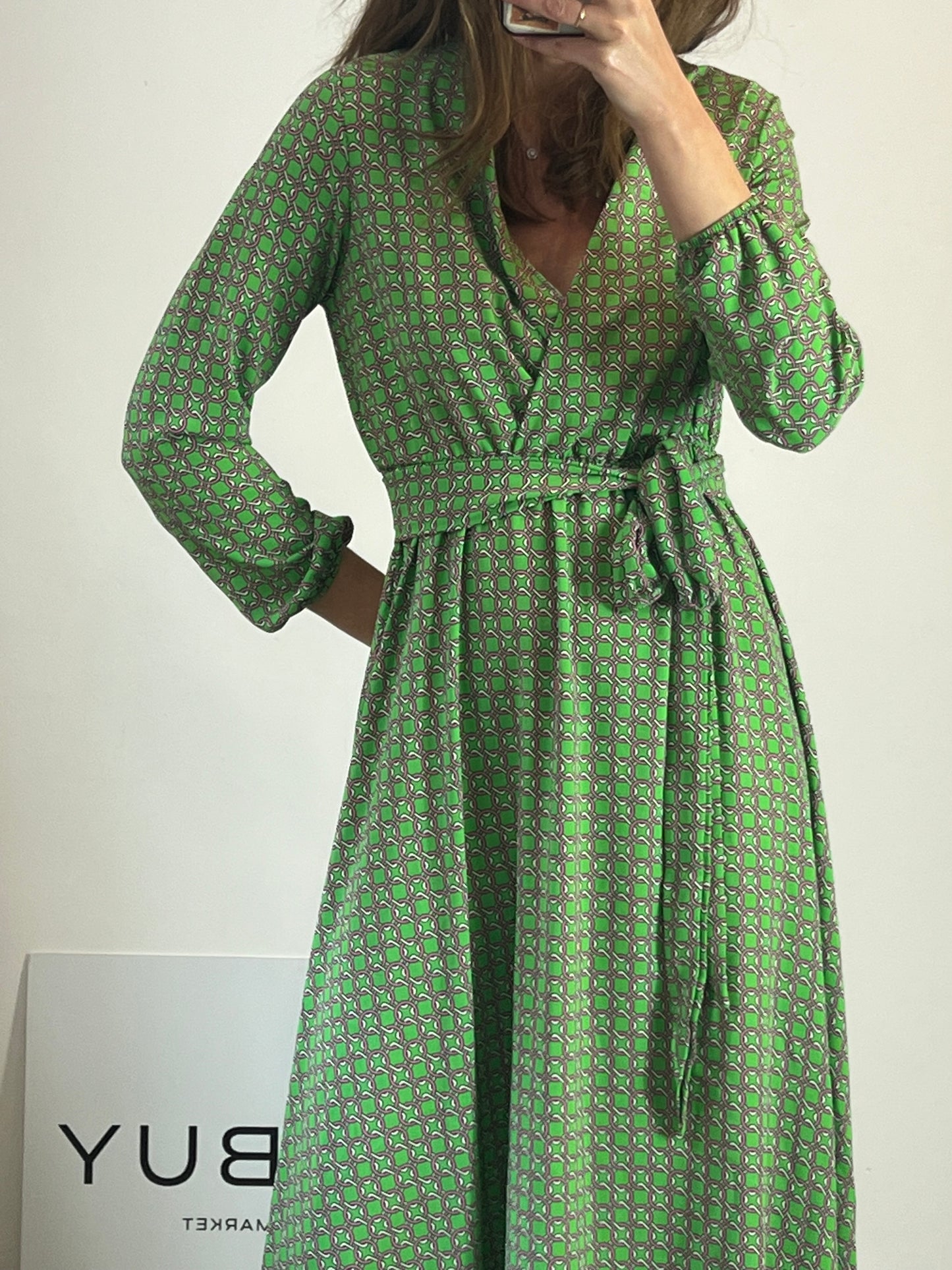 OTHERS. Long green printed dress. TS/M