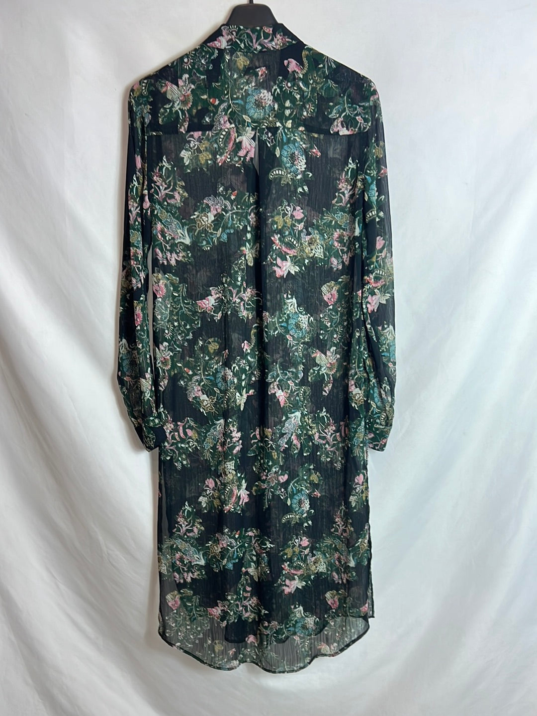 ZARA. Over a long, semi-sheer floral shirt. XS