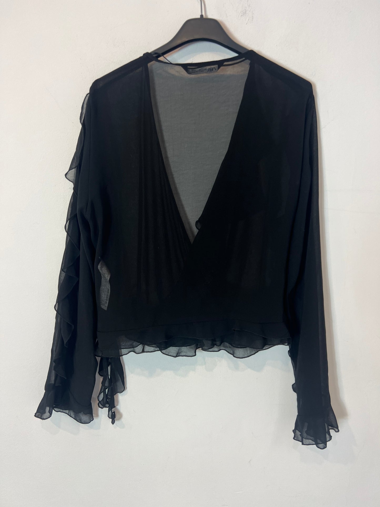ZARA. Black semi-sheer top with ruffles. TL