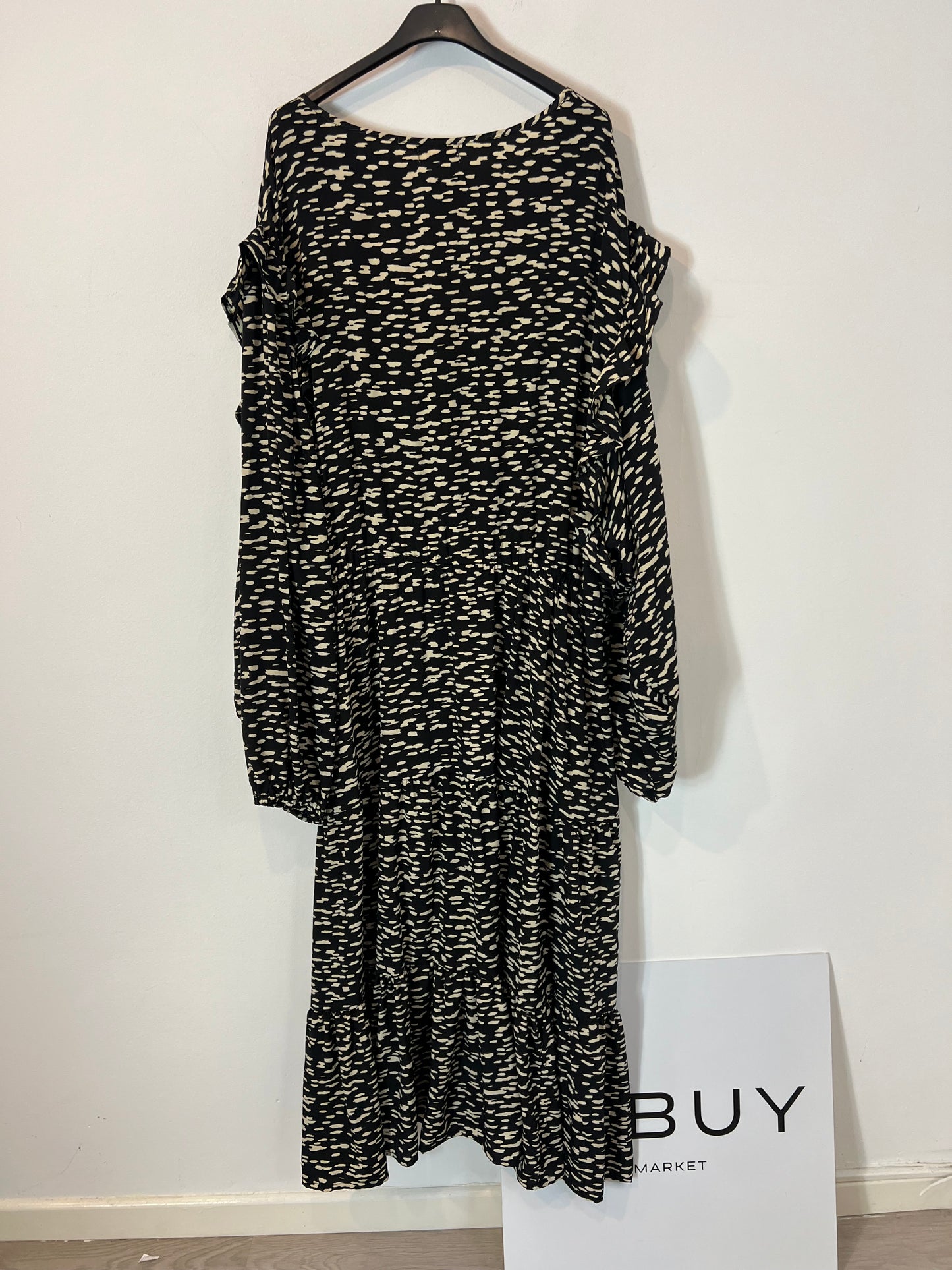 BUGANVILIA. Long black dress with white silk print, size 3XL