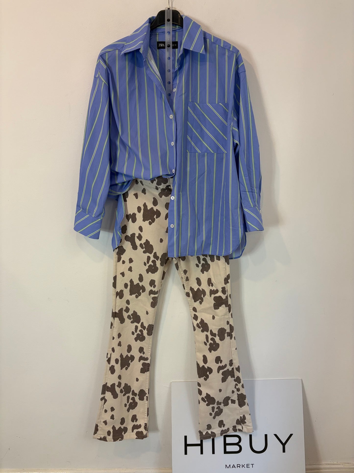 ZARA. Blue shirt with green stripes. XS (S/M)