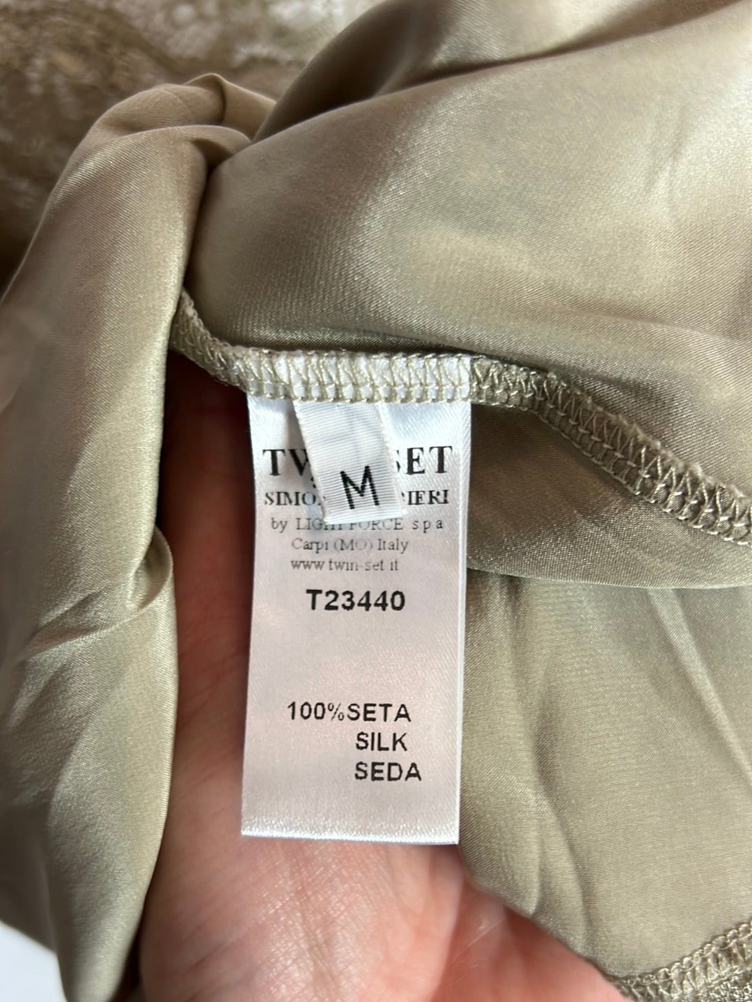 TWIN-SET. Top seda verde claro encaje. T M