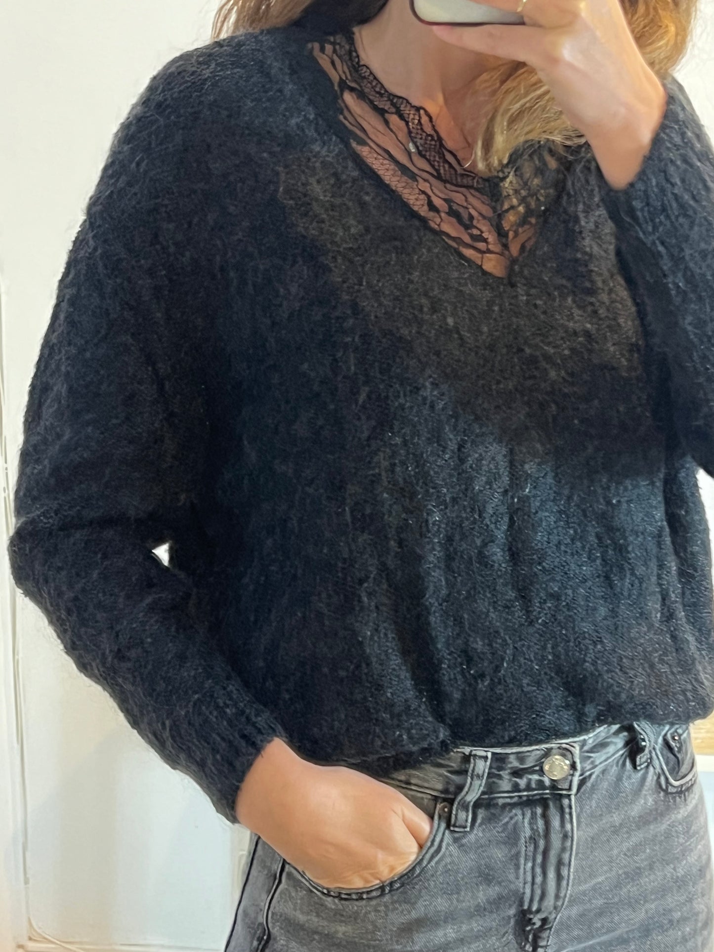 IRO.Black V-neck lace jersey S.XS