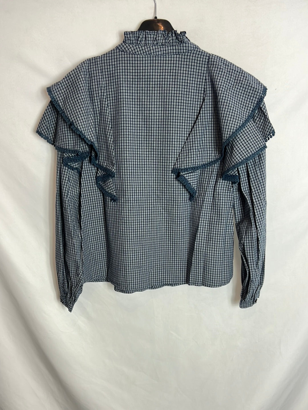 JOLIE JOLIE. Blusa azul cuadros volantes. T S