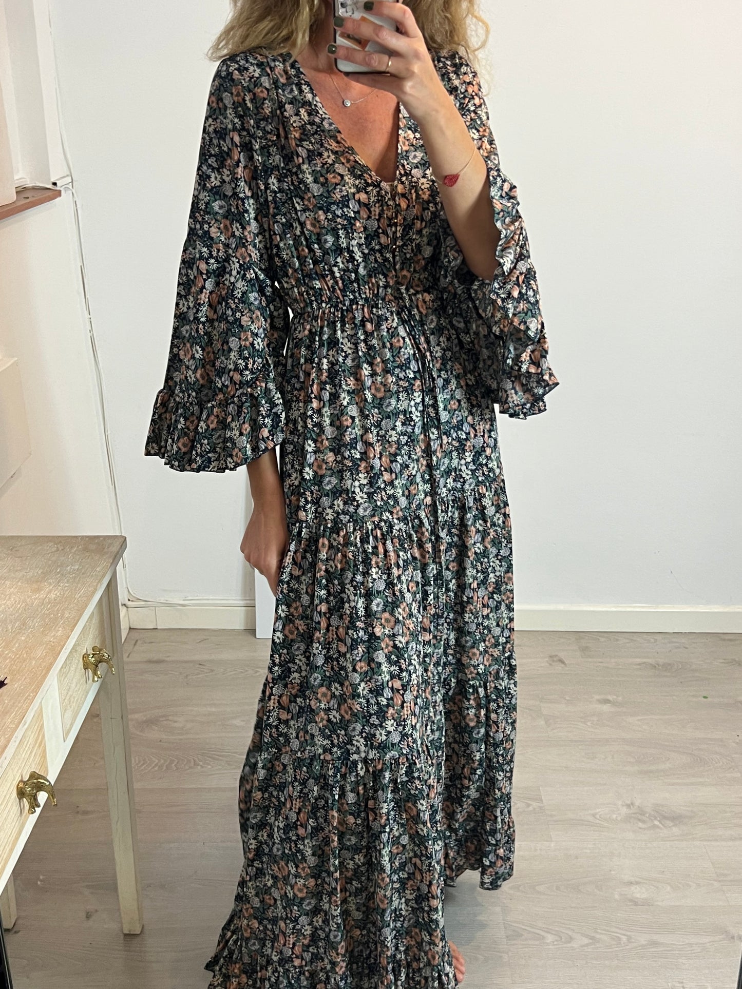 BUGANVILIA. Vestido largo flores volantes. T S/M