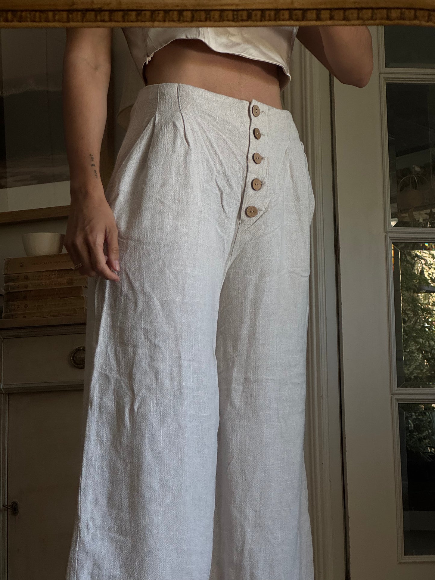 TOPSHOP.pantalón lino beige T.36