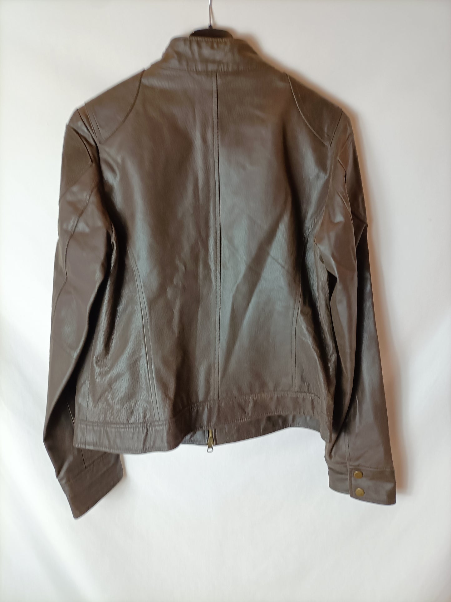 MARIE PHILIPPE. Chaqueta piel marrón cremalleras. T XL (M/L)