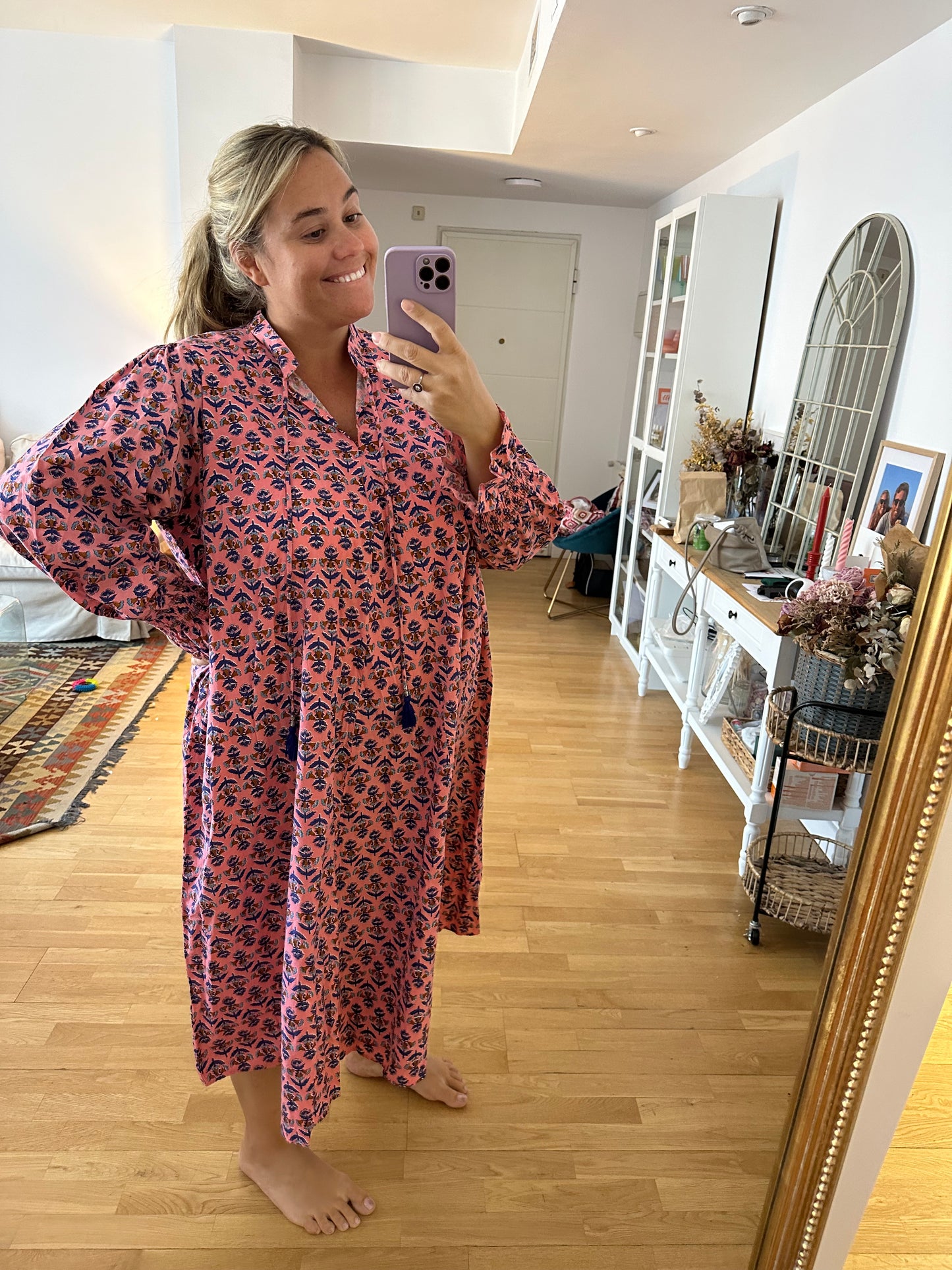 BUGANVILIA. Vestido rosa flores azules T.u(3xl)