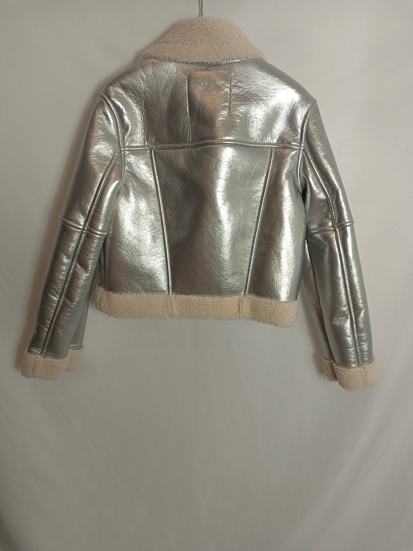 BERSHKA. Silver faux leather biker jacket T.xs