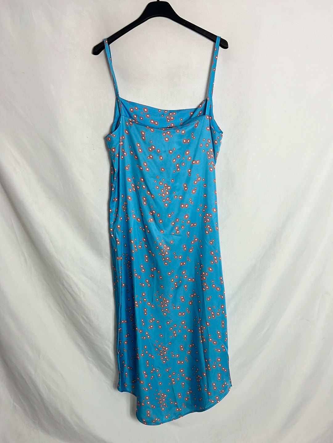 BIMBA Y LOLA. Vestido midi satinado azul flores. T M