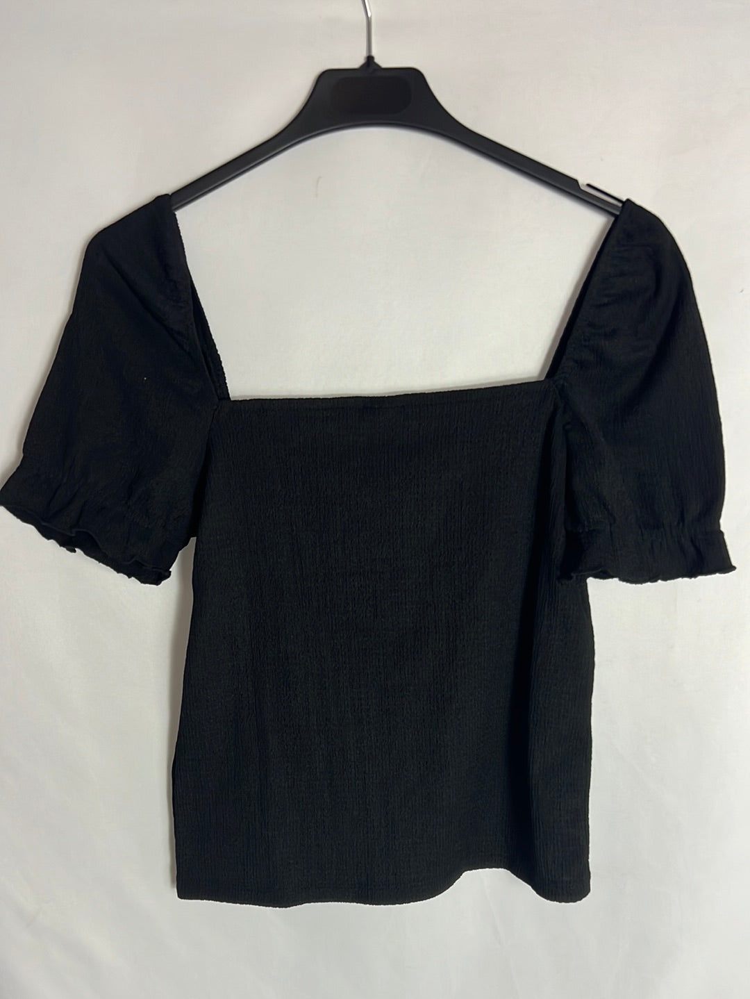 H&M. Black textured top with ruffled sleeves. TS