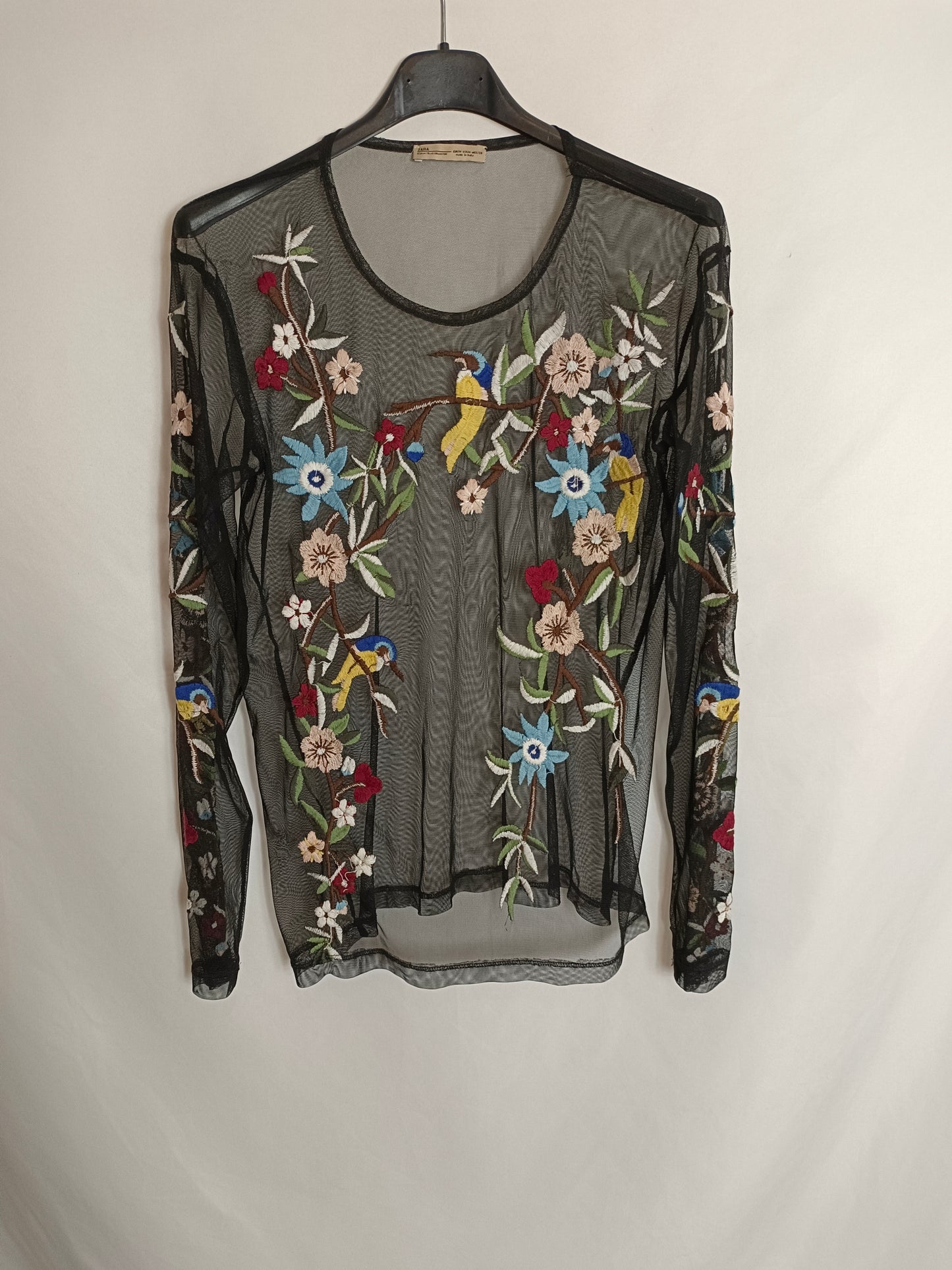 ZARA. Black mesh embroidered top TM