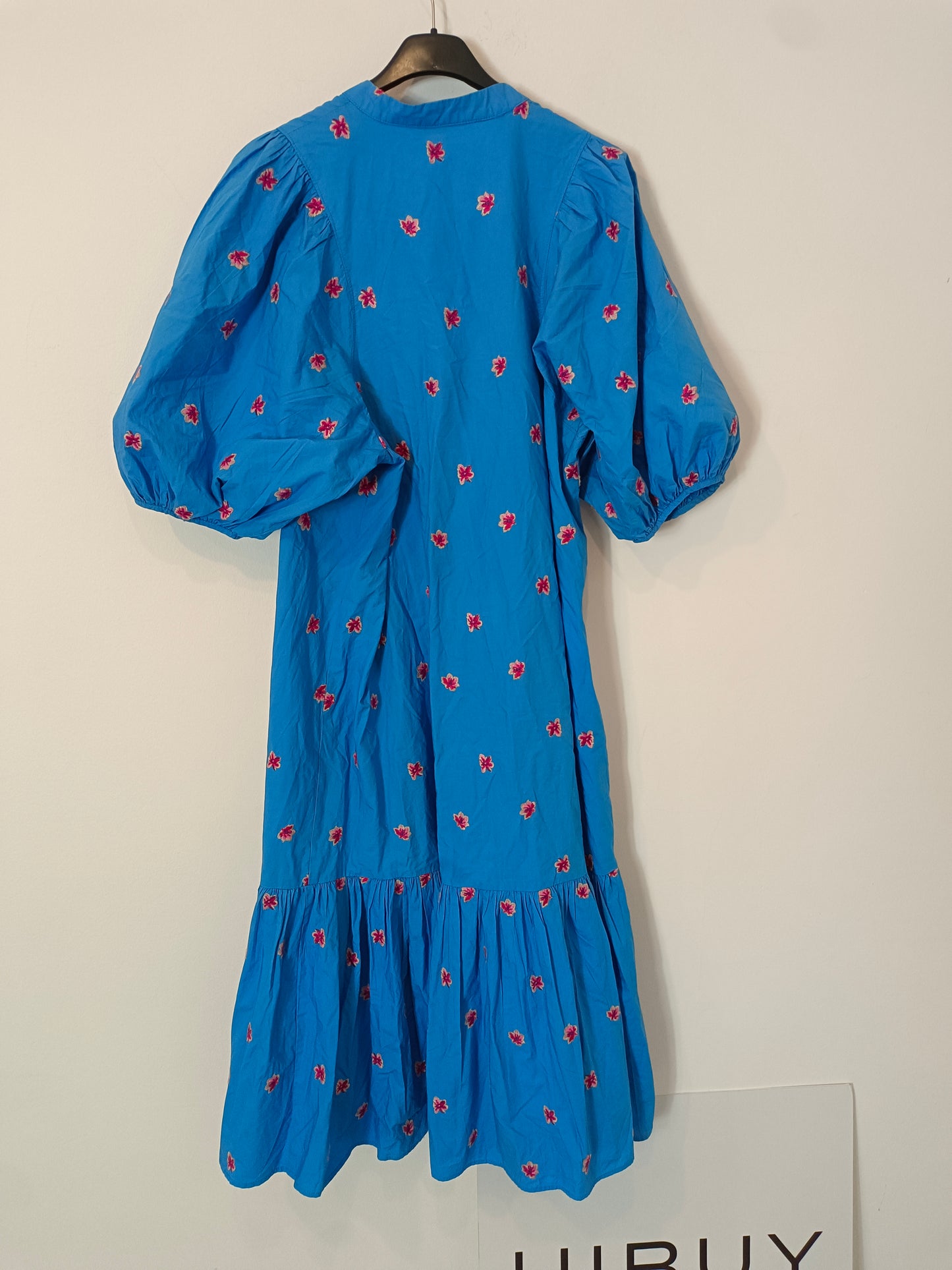 ZARA. vestido largo azul bordado flores T.s