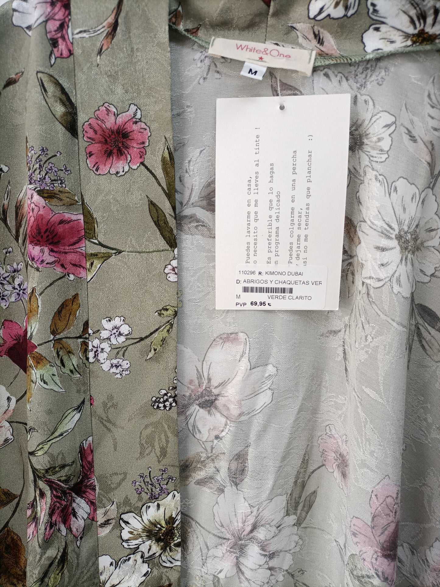 WHITE &ONE. Kimono verde flores T.m