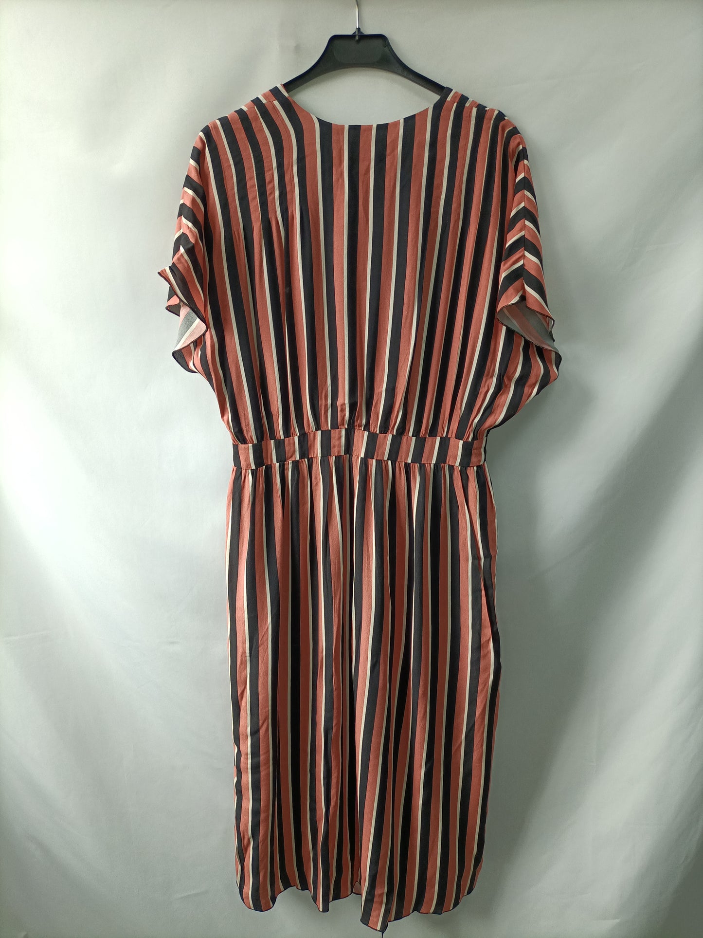 ZARA.Vestido midi rayas rosas y negras T.L