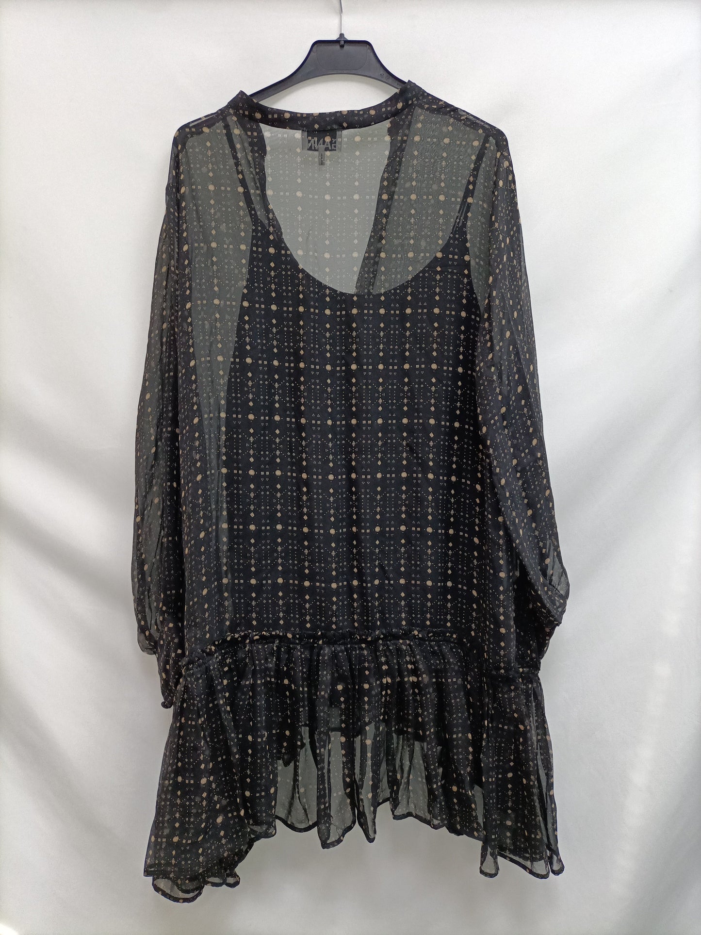 GANNI. Black printed ruffle dress (S/M)