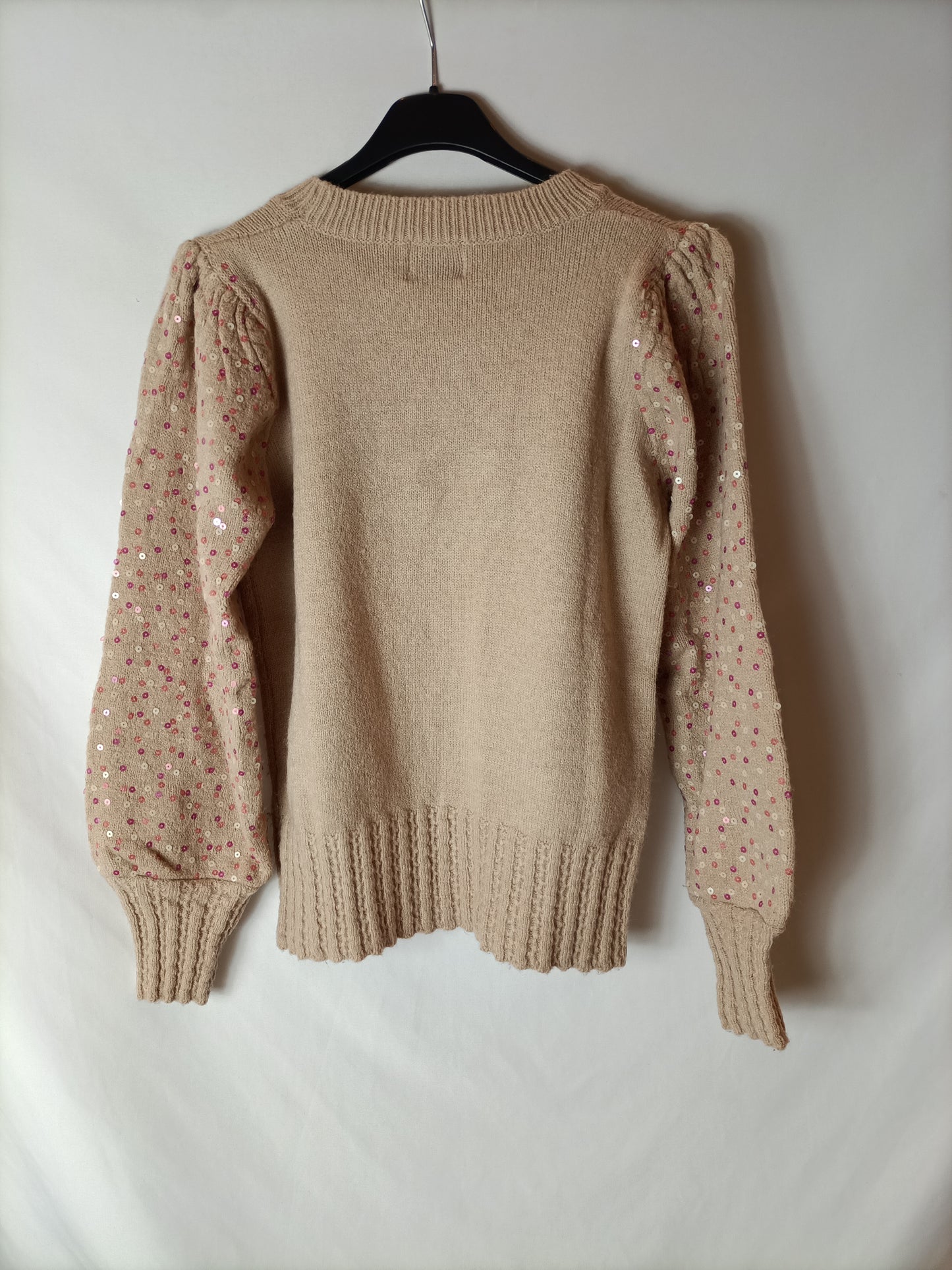 LOVE M. Jersey beige manga lentejuelas. T U( S)