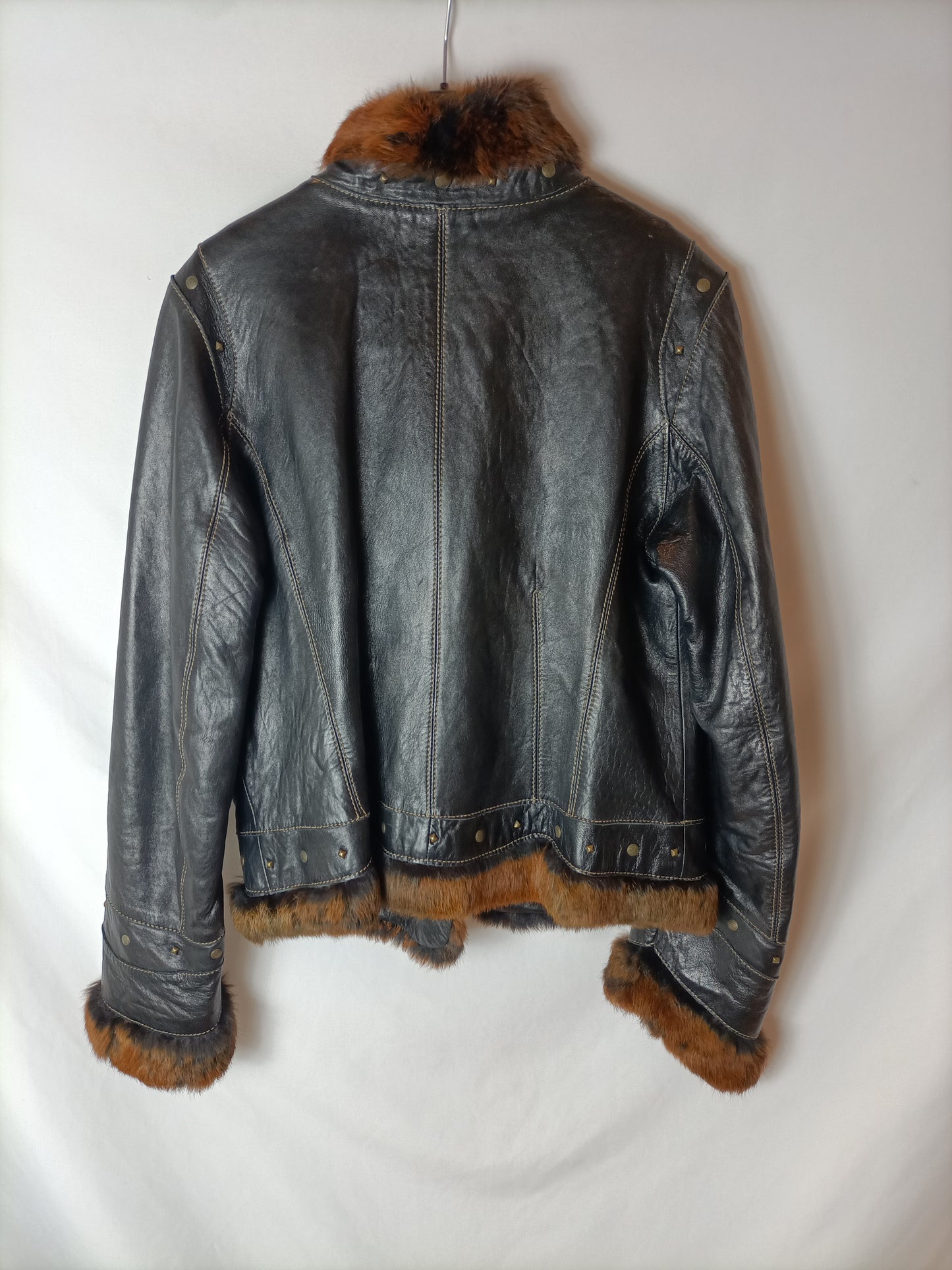 SUEDMOD. Black leather and fur jacket, size 44 (m/l)