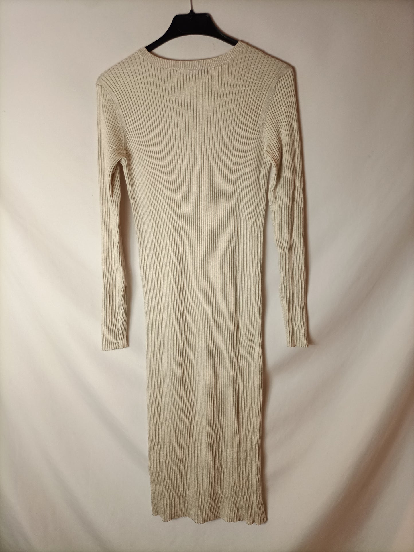 BERSHKA. Vestido beige canalé T.l