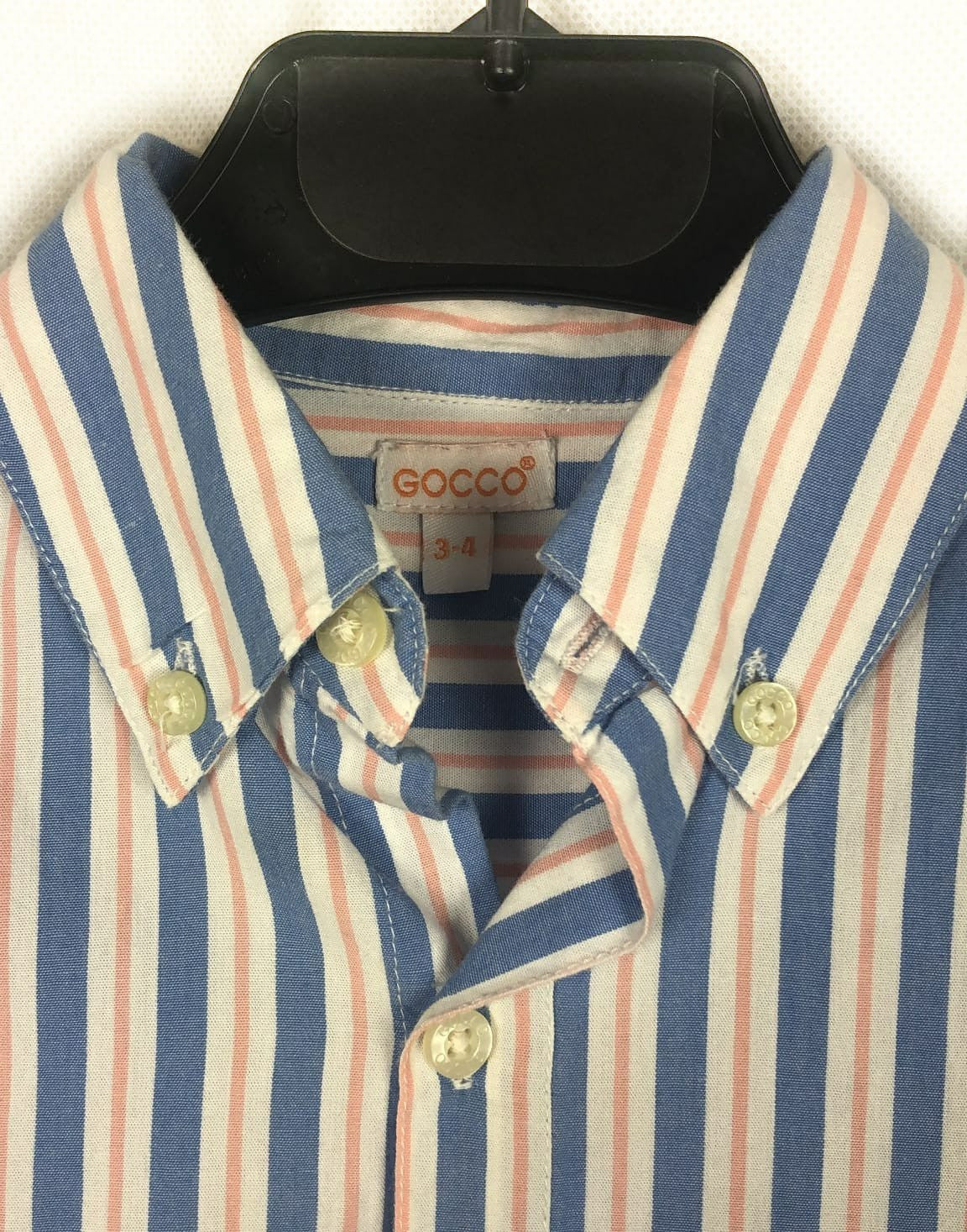 GOCCO. Blue, white, and salmon striped shirt, 3-4 years