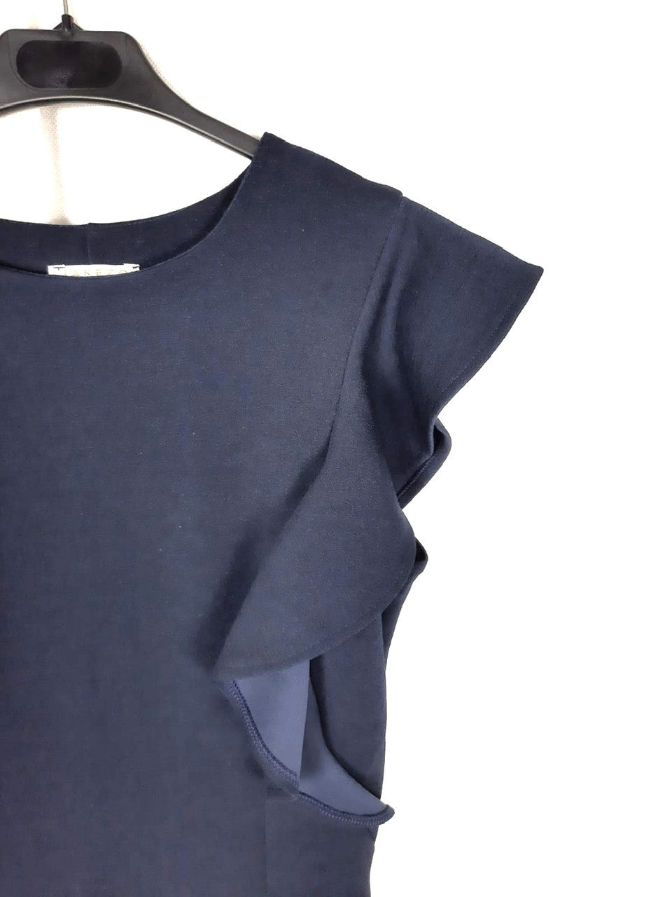 TAKEZO. Vestido azul marino volantes T.38
