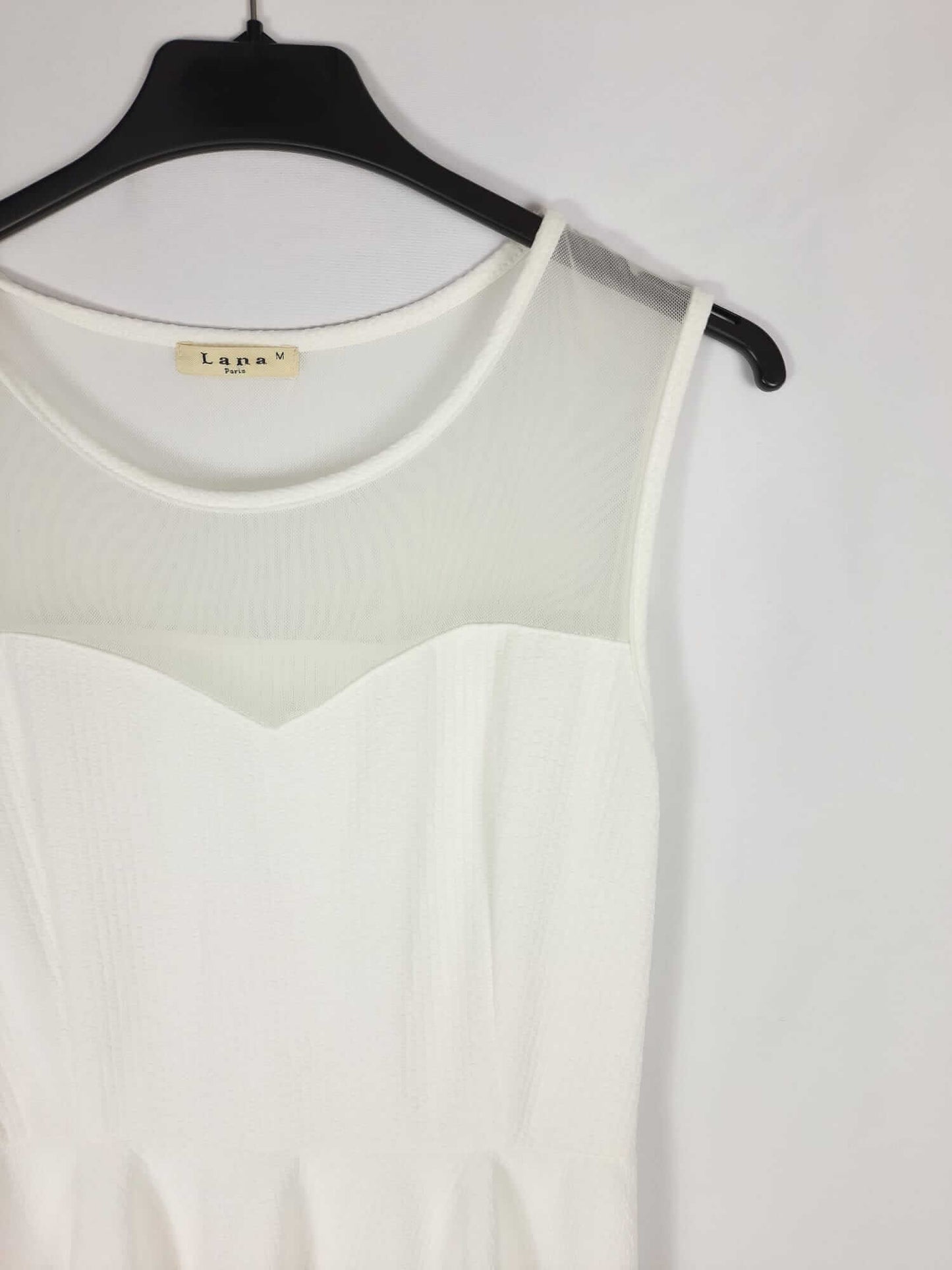 LANA PARIS. Vestido blanco conto fluido escote semitrasnparente T.m
