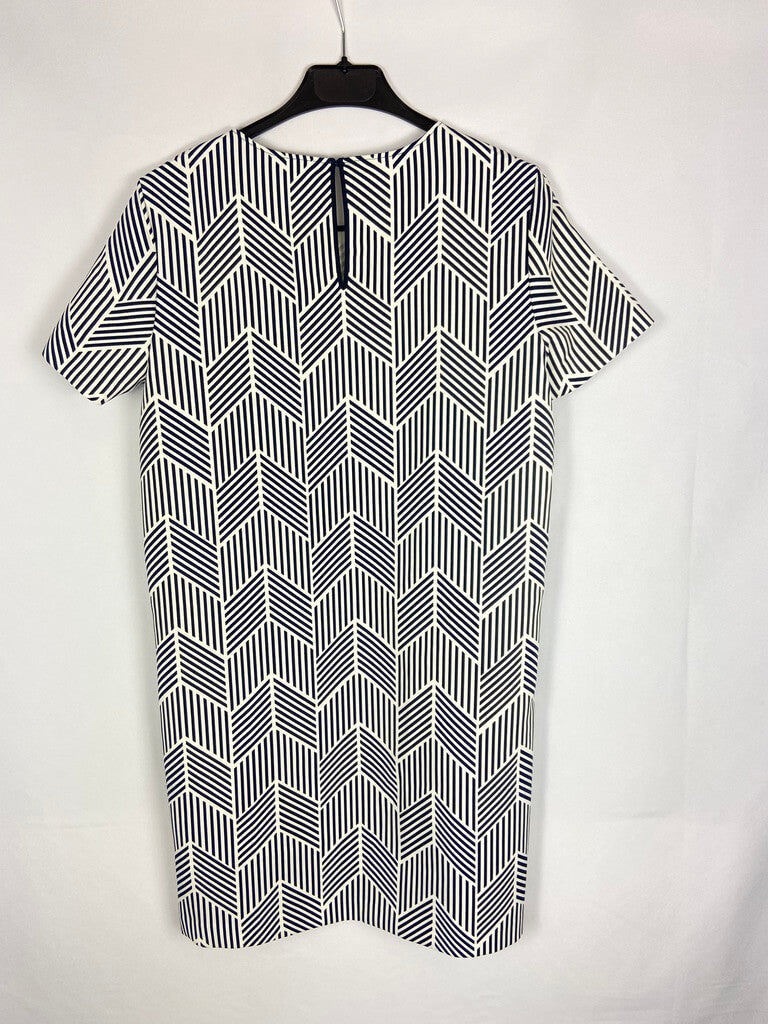 ZARA. Vestido corto blanco estampado geométrico azul marino Ts