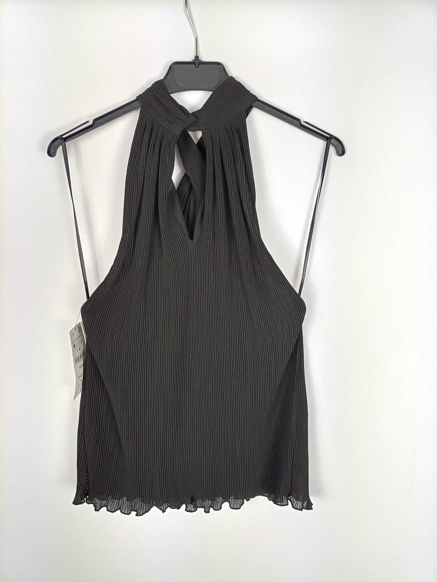 ZARA.Top negro plisado halter T.M