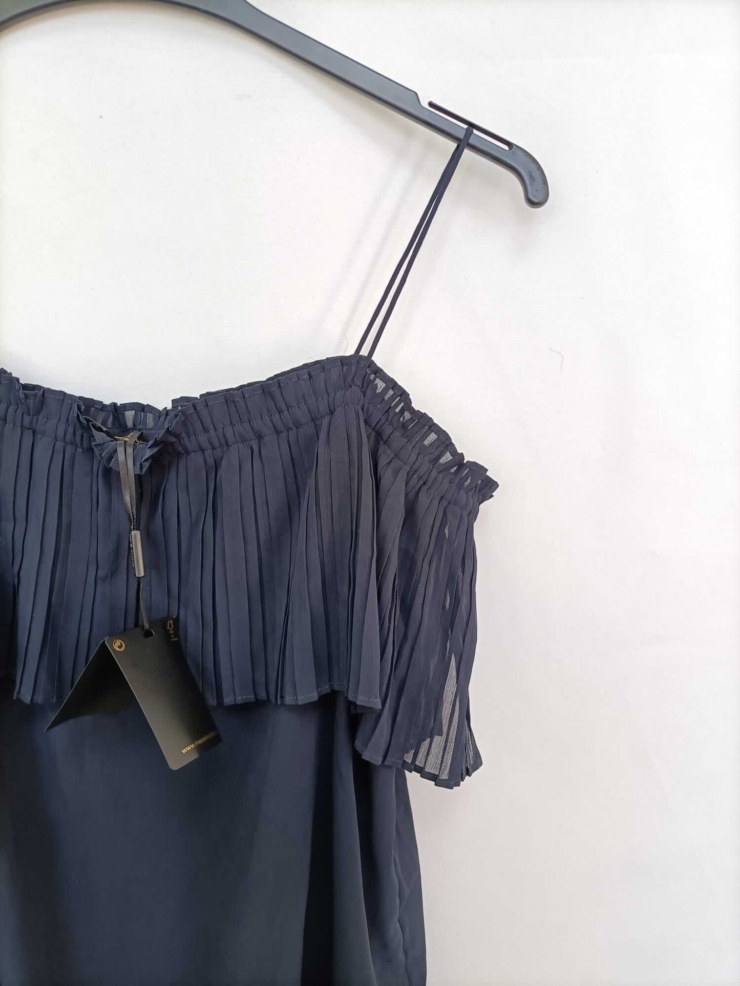 MASSIMO DUTTI. Top azul escote plisado T.xs