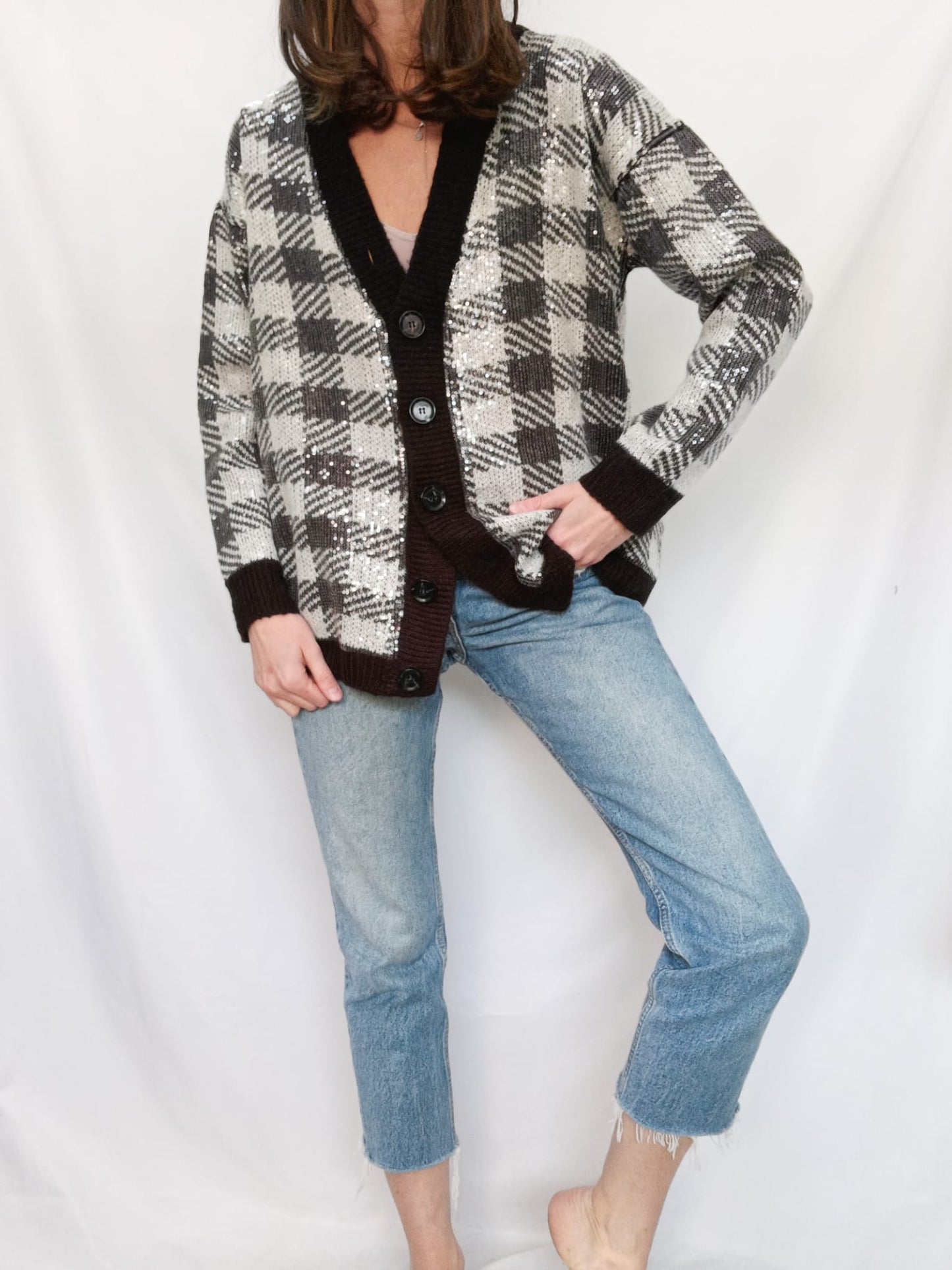 MANGO. Chaqueta cuadros lentejuelas T.s