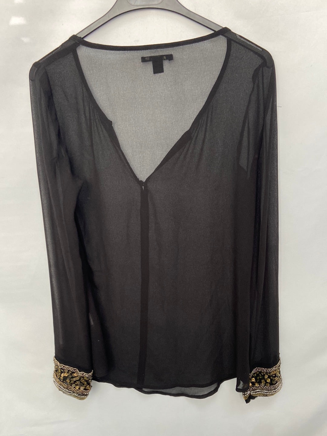 ZARA.Blusa negra semitransparente abalorios T.s