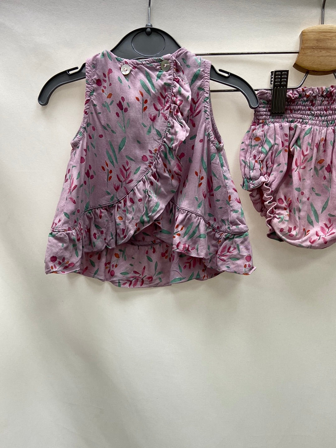 Pompom Bonnet. Pink floral top + diaper cover, 6 months