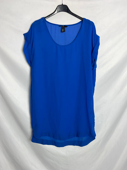 H&M. Top largo semi transparente azul. T 38
