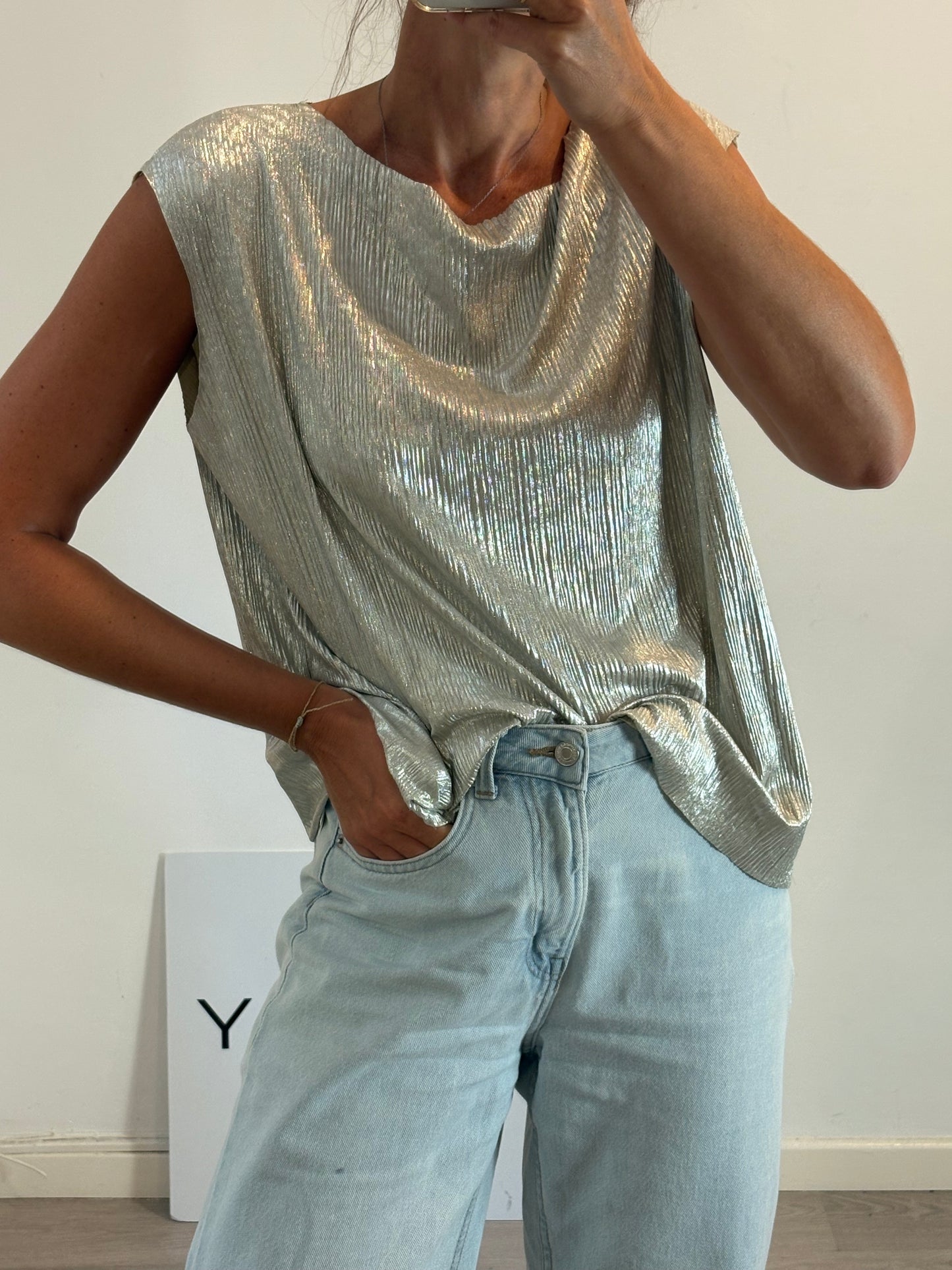 PEDRO DEL HIERRO. Silver textured top. Size XL