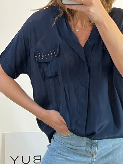 SOUVENIR. Vestido azul marino con seda. T S (M)