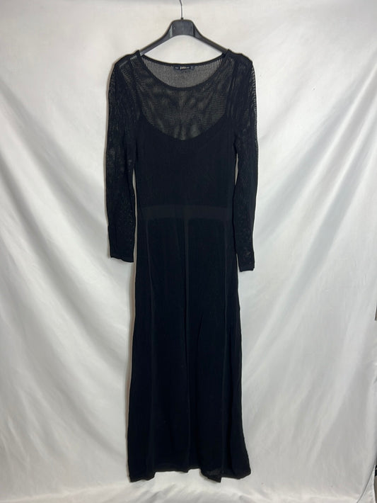 ZARA. Vestido midi negro calado. T S