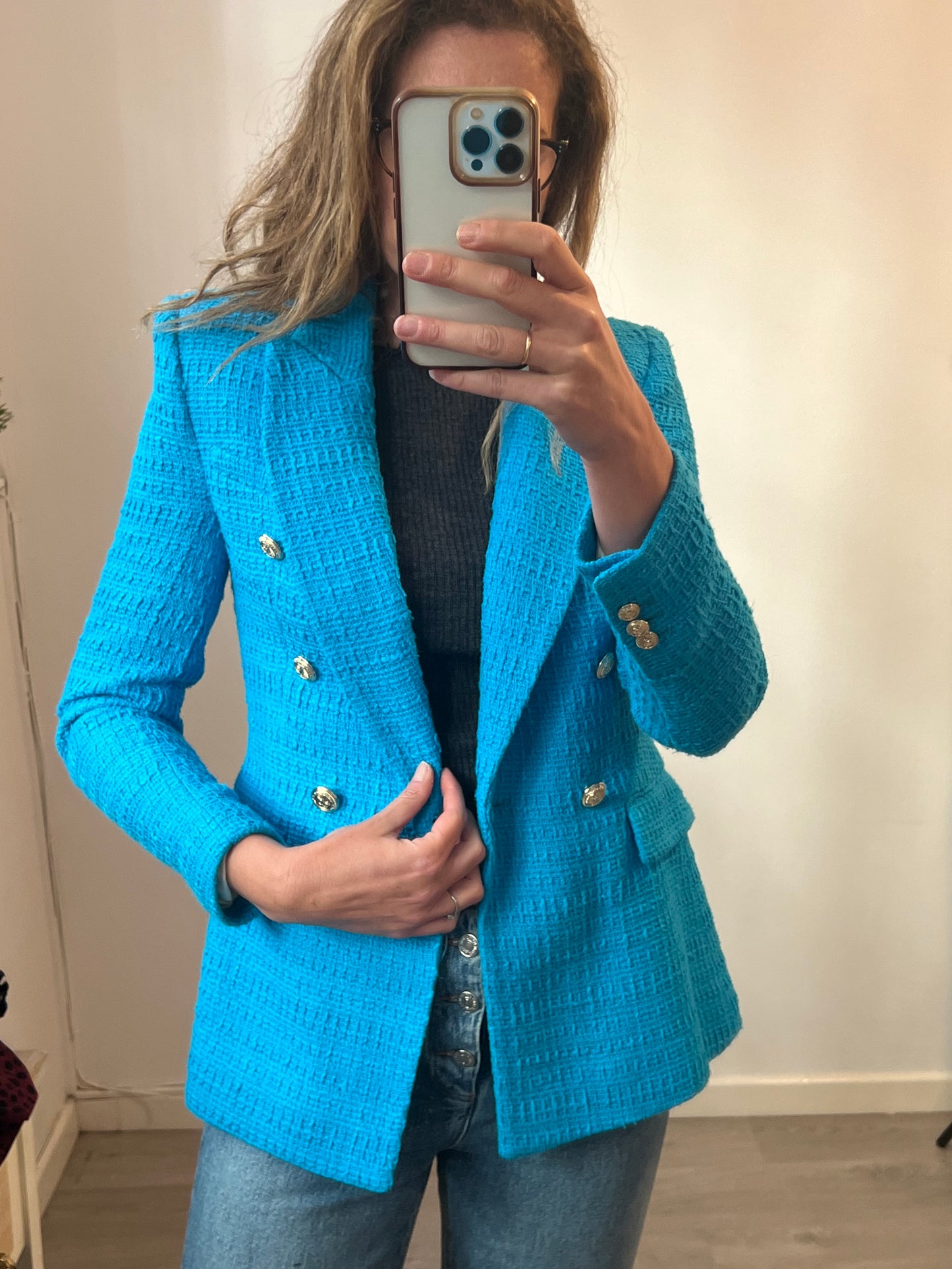ZARA. Blazer turquesa tweed. T XS