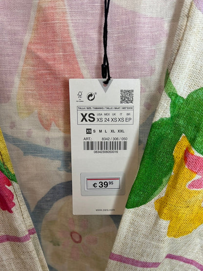 ZARA. Vestido lino aperturas estampando . T XS