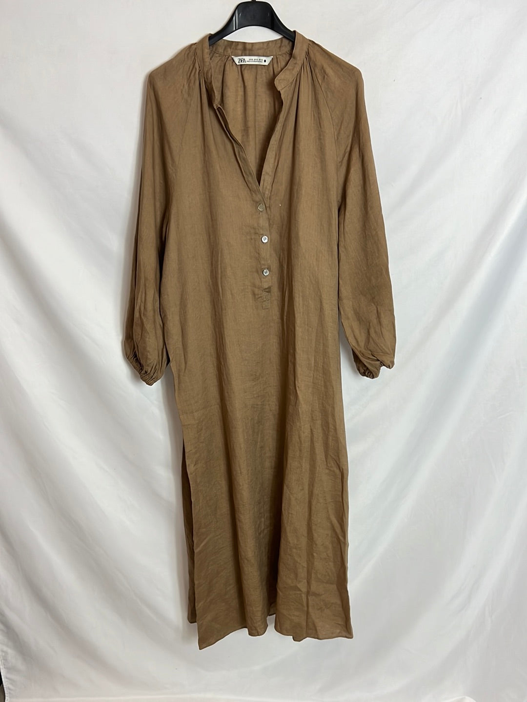ZARA. Camel linen midi dress. Size XS