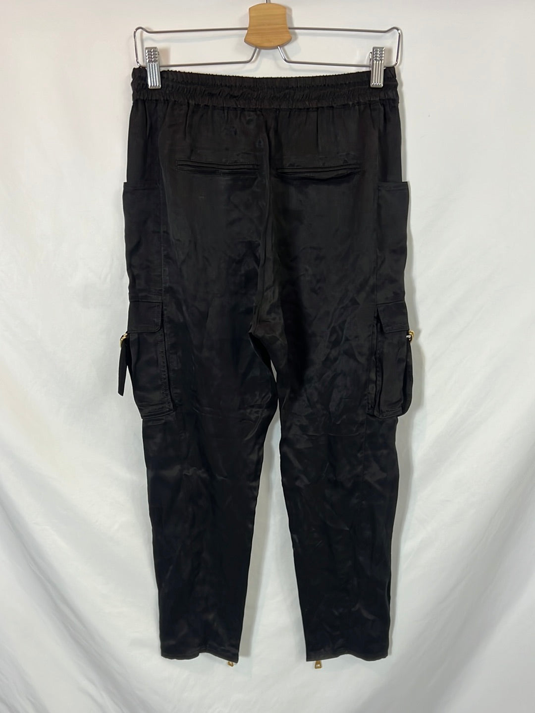 BALMAIN. Black satin trousers with pockets. Size 36