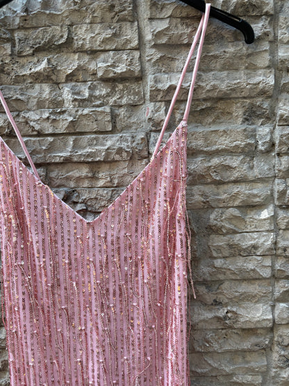 ZARA. Vestido midi rosa mini lentejuelas. T S