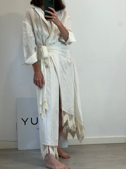 ZARA. Vestido lino cruzado flecos. T XS